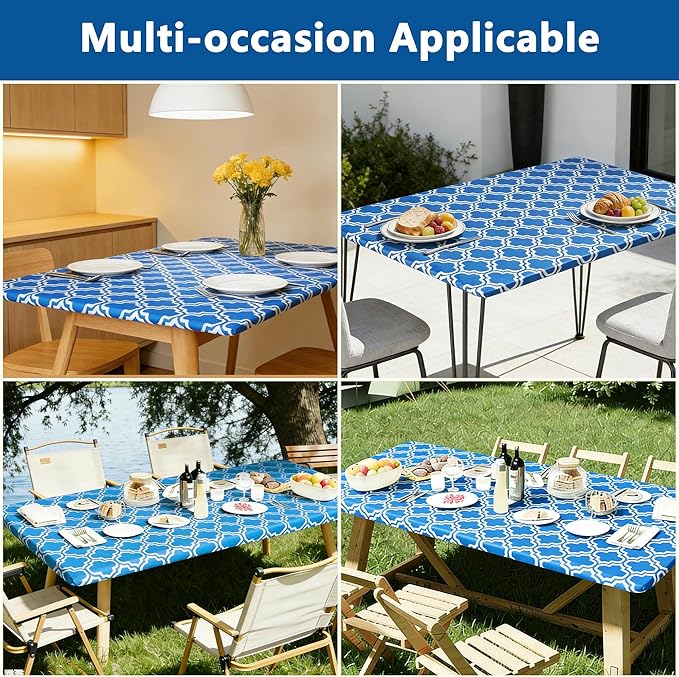 Rectangle Picnic Table Cloth, Elastic Waterproof Fitted Vinyl Tablecloths for 4 Foot Tables, Wipeable Flannel Backed Table Covers for Dining, Camping, Outdoor(Blue,30"x48")