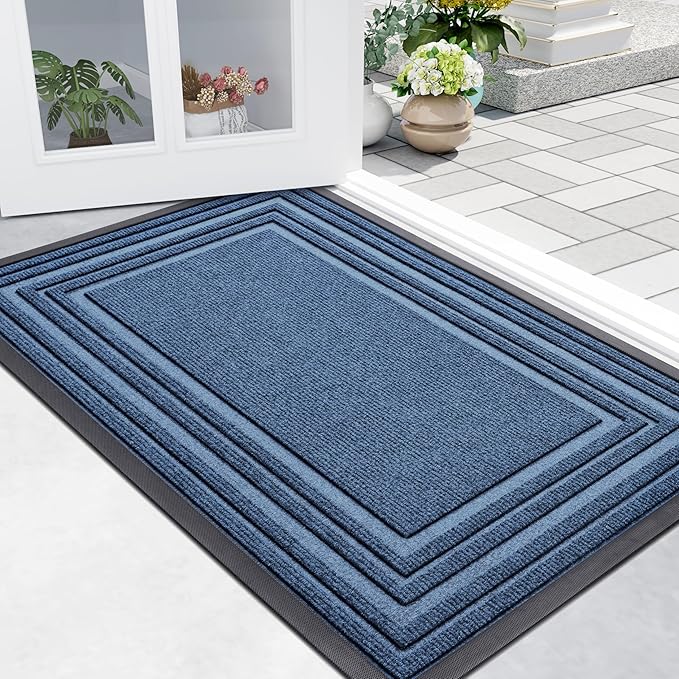 Buganda Front Door Mat Indoor Outdoor Entrance, Non-Slip Natural Rubber Doormats, Easy Clean, Low Profile, Dirt Trapper Entryway Floor Mats for Outside, Garages and Patios, 36x24, Light Blue