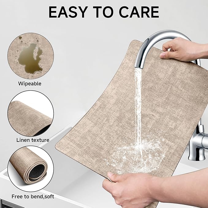 Faux Leather Vinyl Placemats Set of 6 Wipeable Heat Resistant Place Mats 100% Washable - Waterproof - Anti Slip Reversible Table Mats for Kitchen/Dining/Party/Outdoor, 12" x 16.5", Khaki & Black