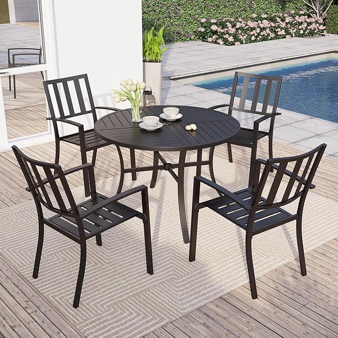 Sophia & William Round Patio Table and Chairs Set, Outdoor Dining Set for 4, 5 Piece Metal Patio Furniture, 42" Black Table(Stripe)