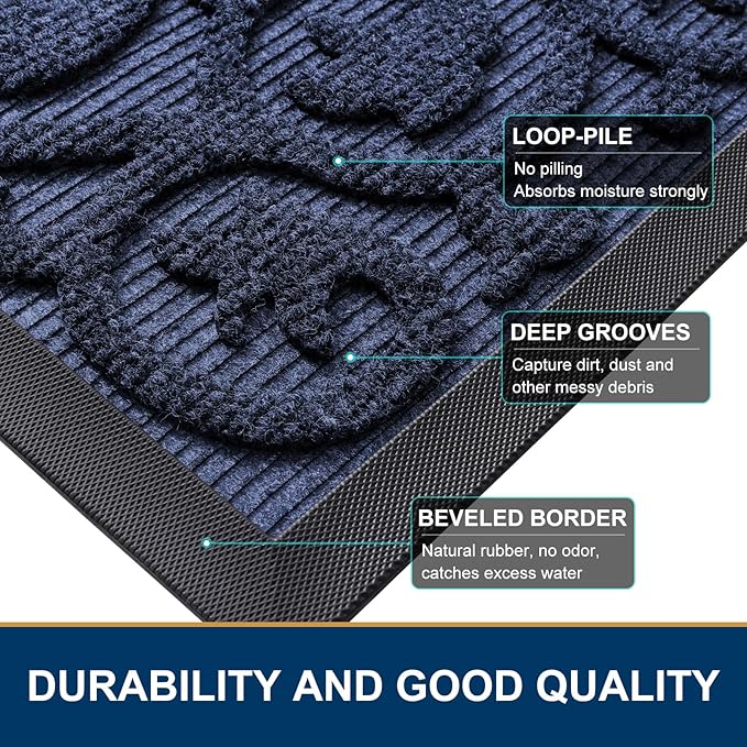 Smiry Welcome Door Mat Outside Entrance, Heavy Duty Trap Dirt and Moisture Easy Clean Low Profile Patio Porch Indoor Outdoor Front Doormat for Entry, 29.5x17 Inch, Navy Blue