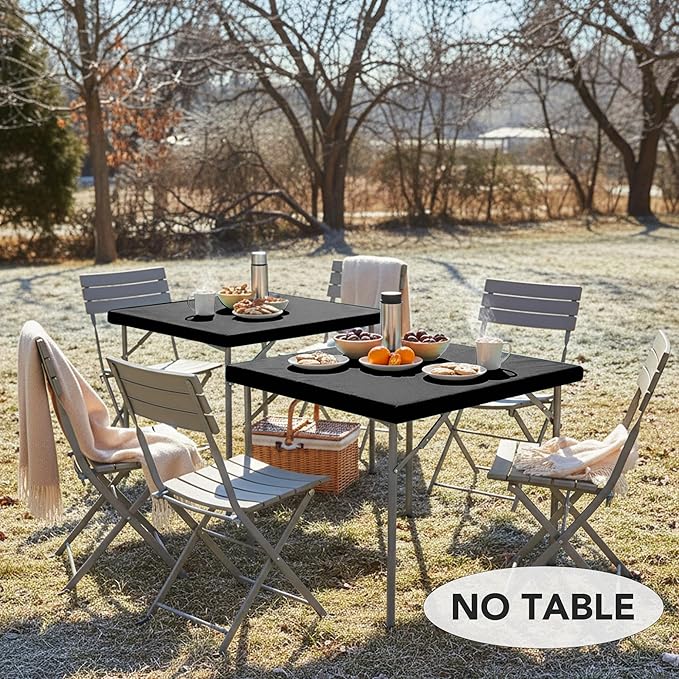 LUSHVIDA 2 Packs Vinyl Card Tablecloth with Flannel Backing 36x36 inch - Waterproof Plastic Picnic Table Cover for Square Folding Table Cloth with Elastic Corners, Black