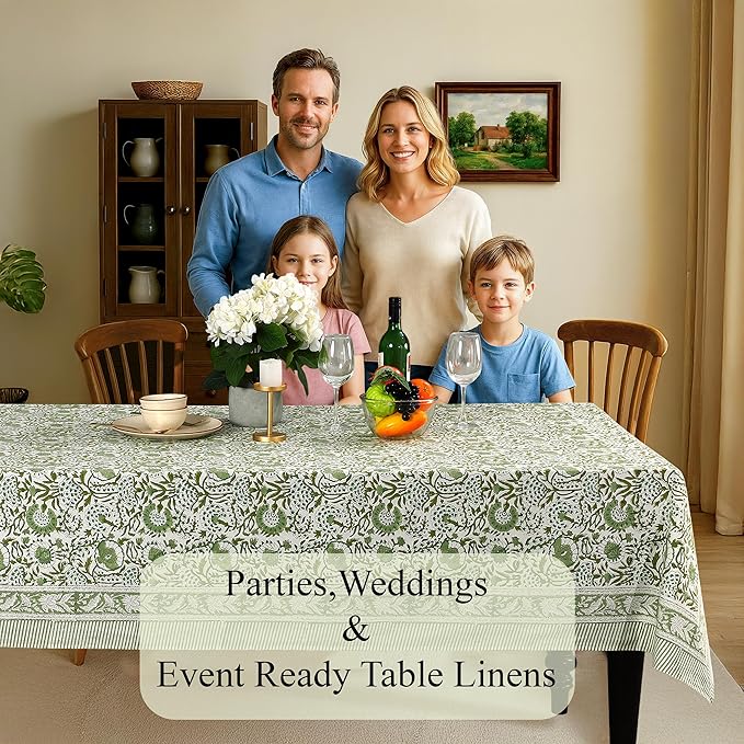 CPC Tablecloth 100% Cotton 60x60 Inch Indian Block Print Square Table Cover, Table Cloth for Weddings, Spring/Summer, Barbeque - Agate Green
