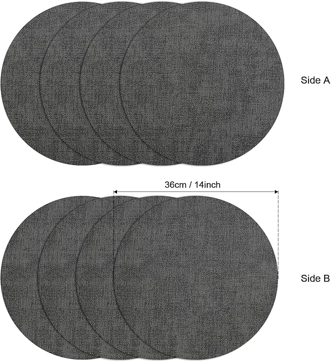 Myir JUN Round Placemats, Dual Sided Faux Leather Place Mats Set of 4 Indoor/Outdoor Non-Slip Washable Table Mats (Gray, Set of 4)