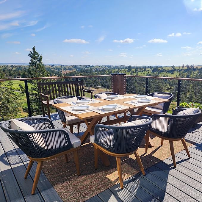 PURPLE LEAF 7 Pieces Patio Dining Set Wicker Outdoor Furniture Rectangular Table and Chairs Set for Garden Deck Teak-Finish Aluminum Frame Backyard Kitchen Set, Cushions and Pillows Included