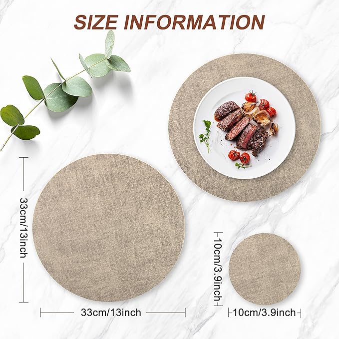 Round Faux Leather Placemats and Coasters, Set of 6, Reversible Heat Resistant Non-Slip Table Mats, Waterproof Wipeable Place Mats for Dining Table, Washable for Indoor & Outdoor (6, Light Brown)