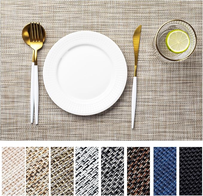 LEXMORE Placemats Set of 8 Vinyl/Plastic Woven Place Mats for Kitchen Table Indoor/Outdoor Washable Placemat Wipeable Dining Table Mats(Caramel)