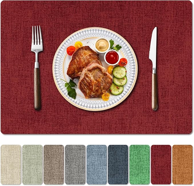 Faux Leather Heat Resistant Christmas Placemats Set of 4 – Waterproof Oilproof Wipeable Dining PU Vinyl Place Mat Easy Clean Table Mats for Kitchen/Dining/Party/Holiday, Red
