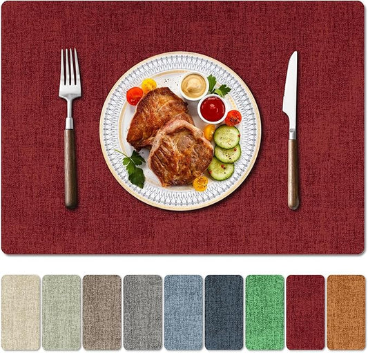 Faux Leather Heat Resistant Christmas Placemats Set of 4 – Waterproof Oilproof Wipeable Dining PU Vinyl Place Mat Easy Clean Table Mats for Kitchen/Dining/Party/Holiday, Red