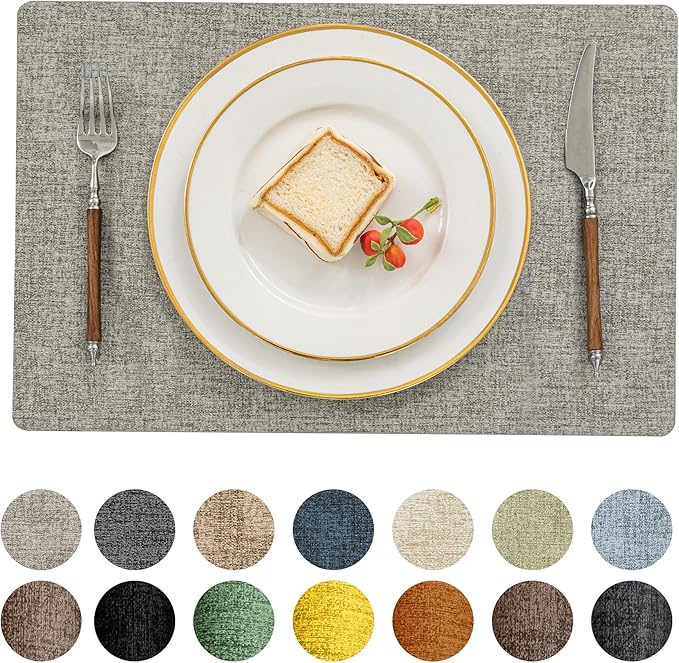Romanstile Vinyl Placemats Set of 6-12 X 17 Inch - Heat Resistant Place Mats 100% Waterproof Oilproof Wipeable Reversible Faux Leather Table Mats for Kitchen, Dining, Party, Outdoor, Light Grey