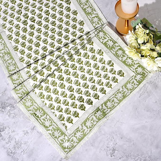 CPC Cotton Table Runner 16x108 Inch Block Printed Long Fall Table Runner for Dining Table, Card Table, Coffee Table, Wedding, Farmhouse & Outdoor Barbeque-Emerald Green