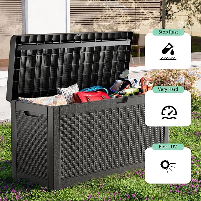 60 Gallon Deck Box,Resin Outdoor Storage Box with Lockable for Patio Furniture, Pool Accessories, Garden Tools, Waterproof Outside Storage Box, Black