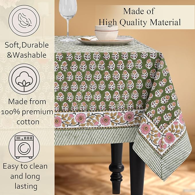 CPC Tablecloth 100% Cotton 70x108 Inch Indian Block Print Easter RectangleTable Cover, Table Cloth for Weddings, Parties- Jade Green 8-Seater