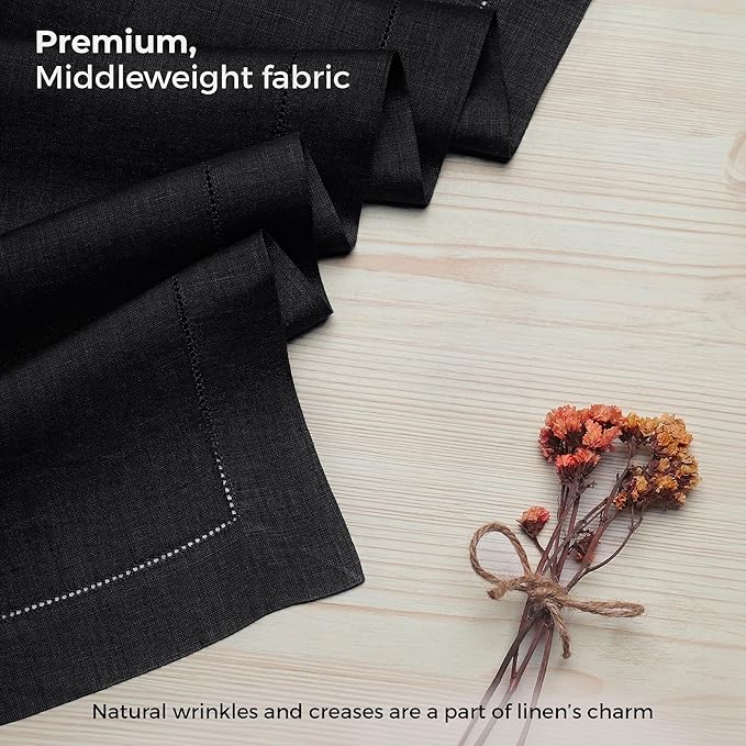 D'Moksha Homes Linen Black Table Runner 36 Inches - 100% Pure Linen Small Table Runner 14 x 36 Inch Ideal for Dresser, Coffee Tables, Spring, Easter - Classic Hemstitch