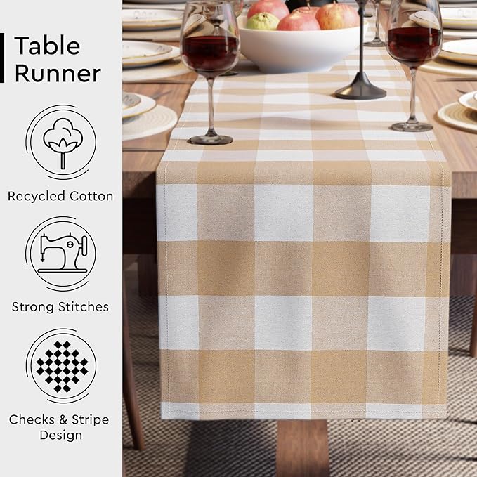 Encasa XO Cotton Dining Table Runner | Buffalo Beige Checks | Size 13x91 in - Machine Washable & Durable