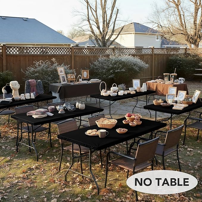 LUSHVIDA 10 Packs Vinyl Tablecloths with Flannel Backing for 8ft Rectangle Folding Table Cloths - Waterproof Plastic Picnic Table Covers with Elastic Corners, 30x96 inch, Black