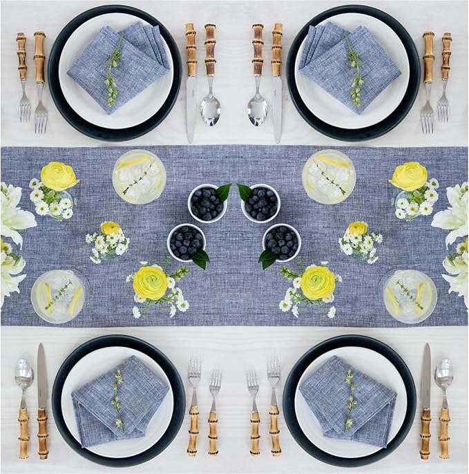 Solino Home Linen Chambray Indigo Table Runner 120 Inches Long - Athena, 100% Pure Linen 14 x 120 Inch Table Runner for Winter, Spring, Easter