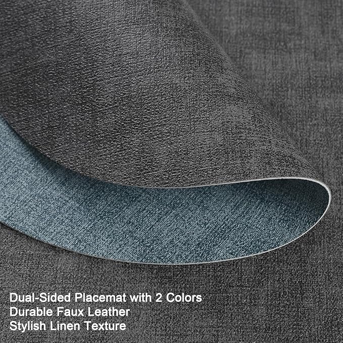 Placemats and Coasters, Washable Reversible Placemats Round Faux Leather Wipeable Place Mats Non Slip Heat Resistant Indoor Outdoor Table Mats (Set of 4, Gray Light Blue)
