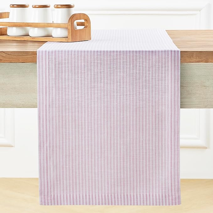 Solino Home Linen Striped Table Runner 36 Inches - Narrow Stripe, 100% Pure Linen Pink and White Small Table Runner 14 x 36 Inch Ideal for Dresser and Coffee Tables, Valentines, Spring, Easter