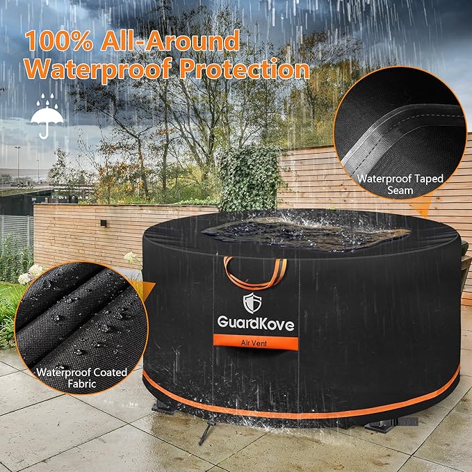 [Upgraded 1000D Heavy Duty Fabric] 36” Fire Pit Cover Round for 33”- 36” Fire Pit/Tables, Waterproof Tear & Fade Resistant Firepit Cover with Buckle, Handle, Drawstring, Air Vent (36”D x 20”H,Black)
