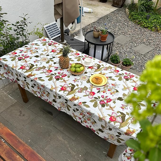 Waterproof Rectangular Tablecloth 60 x 120 Inch, Bird Floral Table Cloth Country Spring Summer Tablecloths, Table Cover for Farmhouse, Dining, Outdoor - Red Flower