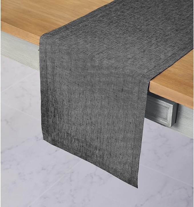 Solino Home Linen Table Runner 132 Inches Long - Athena, 100% Pure Linen Charcoal Grey 14 x 132 Inch Table Runner for Dining, Winter