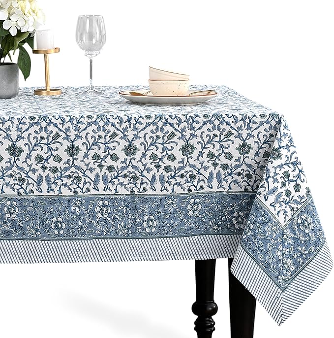 CPC Ocean Vine Tablecloth 100% Cotton 72x160 Inch Indian Block Print Rectangle Table Cover, Table Cloth for Gifting in Weddings, Halloween, Fall, Christmas, Thanksgiving