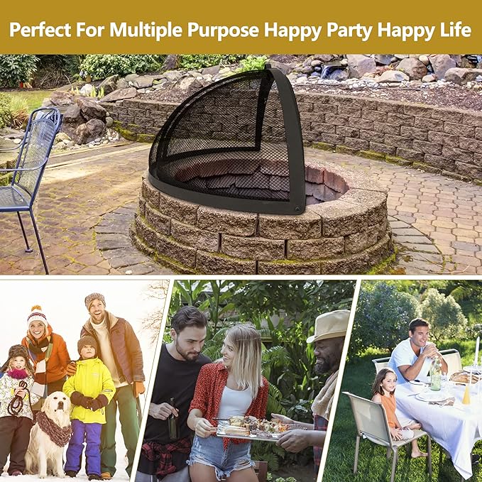 WeCooper 30In Round Fire Pit Spark Screen Cover, Outdoor Patio Easy-Opening Fire Pits Mesh Screen, Heavy Duty Steel Firepit Ember Lid with Hinge