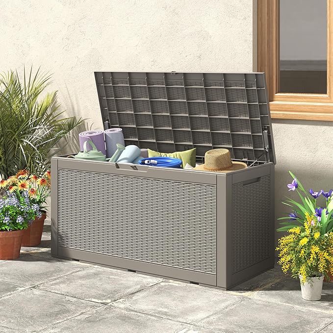 KAMABOKO 101 Gallon Waterproof Large Resin Deck Box, Lockable Large Outdoor Storage Boxes Indoor Outdoor Storage Container for Patio Cushions, Gardening Tools, Pool Supplies, Grey
