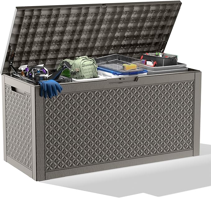 New 100 Gallon Outdoor Storage Box – Resin Deck Box with Lockable Lid, Waterproof Patio Furniture Storage for Tools, Garden & Yard Organization (Grey)