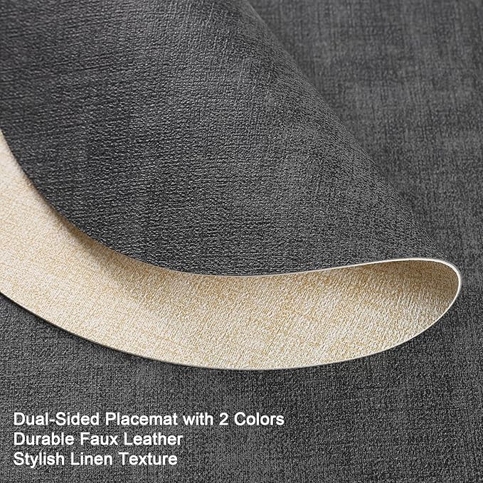 Placemats and Coasters, Washable Reversible Placemats Round Faux Leather Wipeable Place Mats Non Slip Heat Resistant Indoor Outdoor Table Mats (Set of 4, Gray Cream)