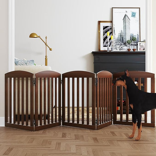 SPIRICH 120" Extra Wide 28" Tall Dog Gate Indoor, Dog Gates for Doorways, Stairs, The House, Wooden Freestanding Foldable Pet Gate, Step Over Puppy Safety Fence, 5 Panels, Brown