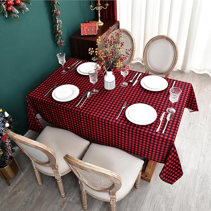 Red Gingham Christmas Plaid Tablecloth - Rectangular 58x102 Inch Water Resistant Table Cloth for Indoor/Outdoor Use - Holiday Table Cover for Kitchen, Picnics, and Parties