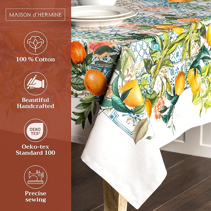 Maison d' Hermine Table Cloth Rectangle Table 100% Cotton 54 x 72 Inches Tablecloth Reusable Decorative Everyday Use for Dining Room, Farmhouse, Home, Party, Festive & Wedding Spring Summer - Agrume