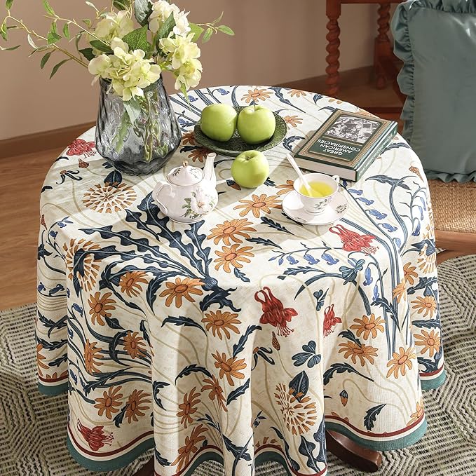 French Vintage Small Round Tablecloth,Linen Tablecloth with Gold and Red Floral Pattern,Decorative Table Cover for Kitchen,Dining,Thanksgiving,Party,Living Room,Diameter 55"-Tijuana