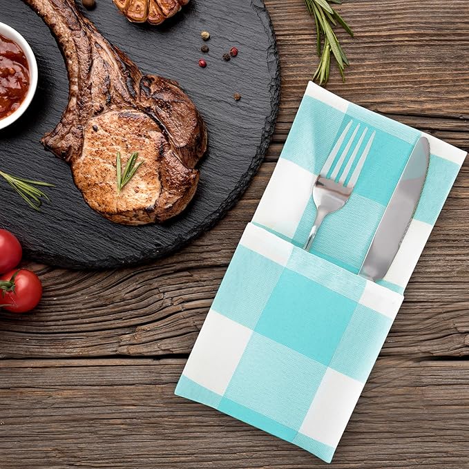 Buffalo Plaid Table Napkins Set of 50 Checkered Cloth Napkins 17x17 inch Washable Dinner Gingham Pattern Napkins Soft Napkins for Wedding Party Dining Banquet(Aqua and White)