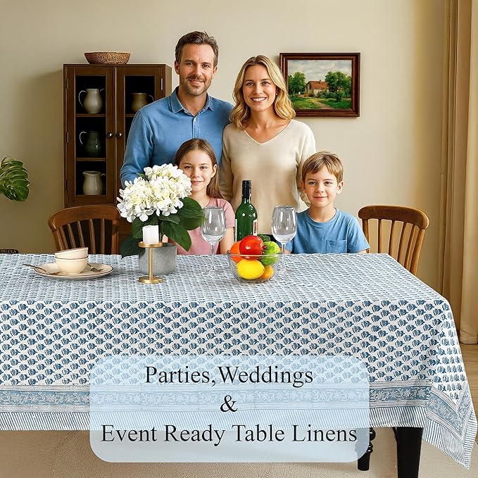 CPC Apatite Blue Floral Hand Block Printed 100% Cotton Tablecloth 60x120 Rectangular Reusable and Washable Boho Dining Table Cloth Thanksgiving