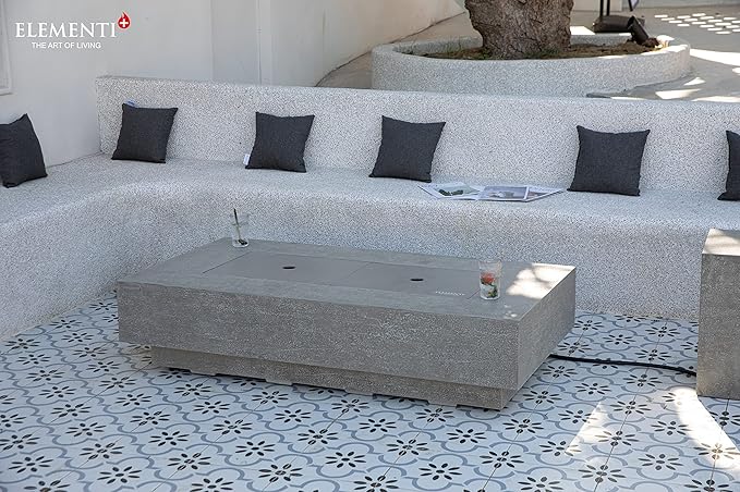 Elementi+ | Riviera Gas Fire Pit Cast Concrete 60" Rectangular Fire Table, Outdoor Fire Pit Electronic Ignition | Canvas Cover, Fire Glass and Burner Lid Included | Light Gray | Natural Gas