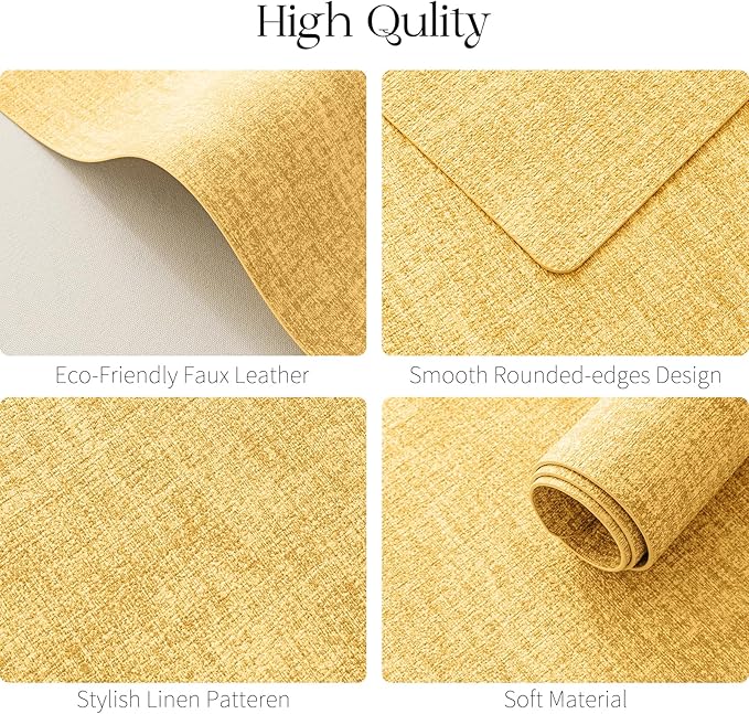 MOSAYT Placemats Set of 4, Heat Resistant Vinyl Place Mats with Coasters, 100% Waterproof Wipeable Washable Faux Leather Table Mats for Kitchen Dining Party Indoor Outdoor, 12" x 17", Yellow
