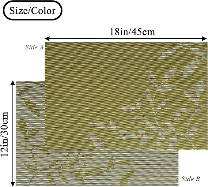 Leaf Placemats Set of 6, Non-Slip Heat-Resistant 18" x 12" Vinyl Washable Placemats for Kitchen Indoor Outdoor Party Birthdays Weddings Decoration (Green)