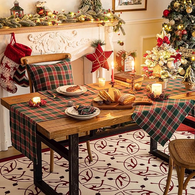 Green Red Plaid Christmas Table Runner, Winter Holiday Table Runners 48 inches Long, Xmas Decorations Indoor Outdoor Farmhouse Home Kitchen Dining Party Decor