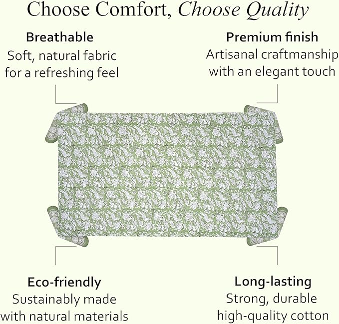 CPC Cotton Tablecloth 80x120 Inch Rectangle Indian Block Print Tablecloth- Green Washable Wedding Table Cover for Thanksgiving/Christmas- Olive Green