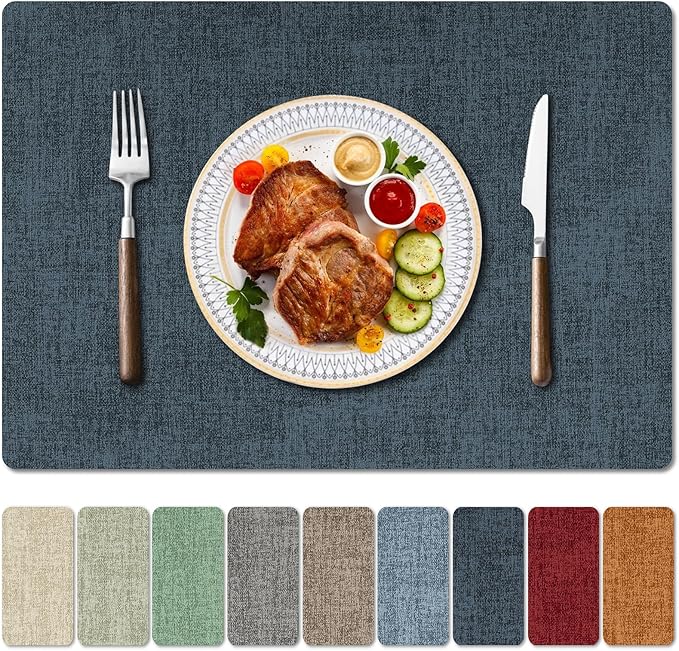 Faux Leather Heat Resistant Placemats Set of 8 – Waterproof Oilproof Wipeable Dining PU Vinyl Place Mat Easy Clean Table Mats for Kitchen/Dining/Party/Holiday, Navy
