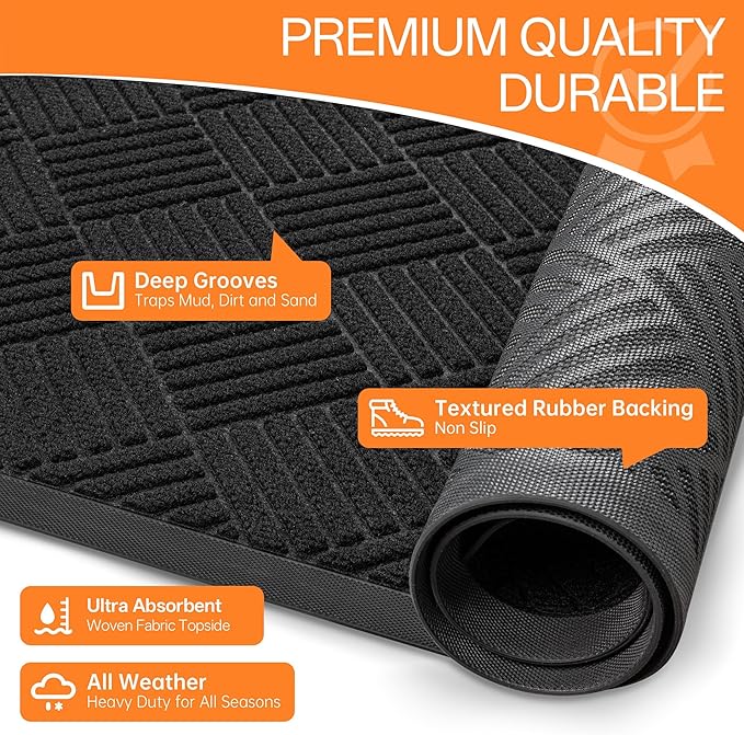Indoor Outdoor Door Mat, 4’x 2' Doormat for Entryway, Rubber Backing Non Slip Front Door Mat Outside Entrance, Super Absorbent Commercial Floor Mat for Home Office, Black