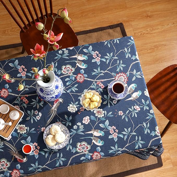 patdrea Designer Vintage Dark Blue Linen Square Tablecloth,Navy French Floral and Birds Pattern Tableloths,Decoration Table Cover for Kitchen,Dining,Tea Party,Home,Christmas,67"*67"