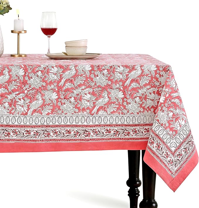 CPC Cotton Tablecloth 80x120 Inch Rectangle Indian Block Print Tablecloth- Pink Washable Wedding Table Cover for Thanksgiving/Christmas- Pink Coral