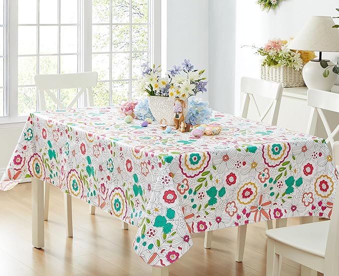 Newbridge Shabby Chic Lily Print 60 x 102 Inch Rectangle Vinyl Flannel Backed Tablecloth, Pink Yellow and Green Lily Indoor and Outdoor Waterproof Vinyl Table Cover for Spring Holiday Party