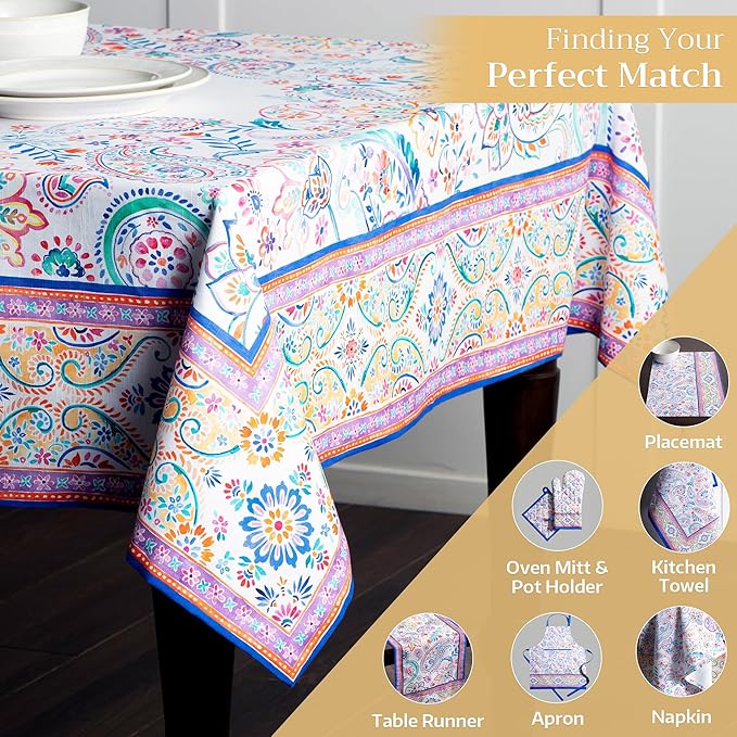 Maison d' Hermine Table Cloth Rectangle Table 100% Cotton 70 x 108 Inches Tablecloth Reusable Decorative for Dining Room, Farmhouse, Home, Party, Festive & Wedding Spring Summer - Indian Floral