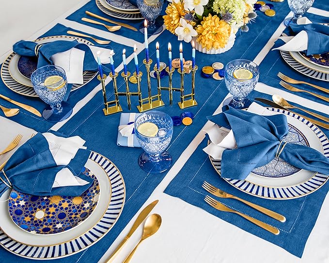 Solino Home Linen Indigo Blue Table Runner 90 Inches Long - 100% Pure Linen 14 x 90 Inch Table Runner for Winter, Spring, Easter - Classic Hemstitch