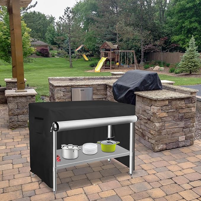 Bitubi 48 Inch Outdoor Prep Table Cover with Split Zipper, Heavy Duty Waterproof Stainless Steel Prep & Work Table Cover for Patio Table - 48''L x 30''W x 35''H (Black)